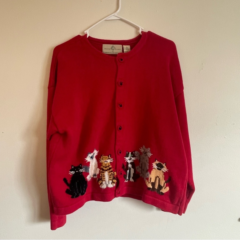 Red Cardigan with Cat Embroidery